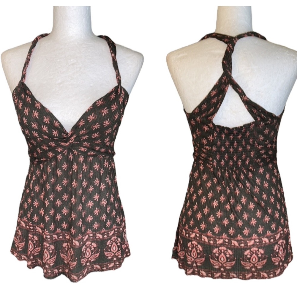 Free People Olive Green & Pink Orange Ribbed Twisted Front & Strap Tank Top - M